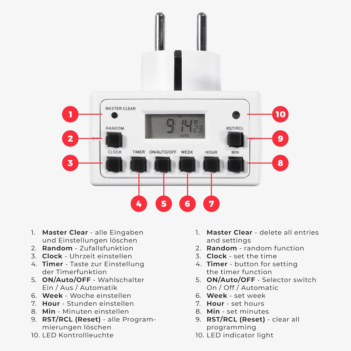 MC Power - Digitale Zeitschaltuhr Steckdose | AZ-53 | 10 Schaltprogramme, 12/24 Std. Zyklus, programmierbar mit Backup-Batterie, energiesparender Timer für Haushalt, Büro