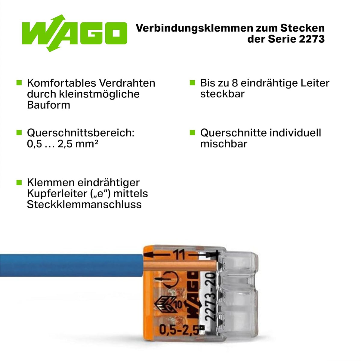 WAGO Verbindungsklemmen 2273-205 | 5 Leiter, bis 2,5 mm², 100 Stück, COMPACT Verbindungsklemme für eindrähtige Leiter, bestätigte Anwendungssicherheit, kleinstmögliche Bauform