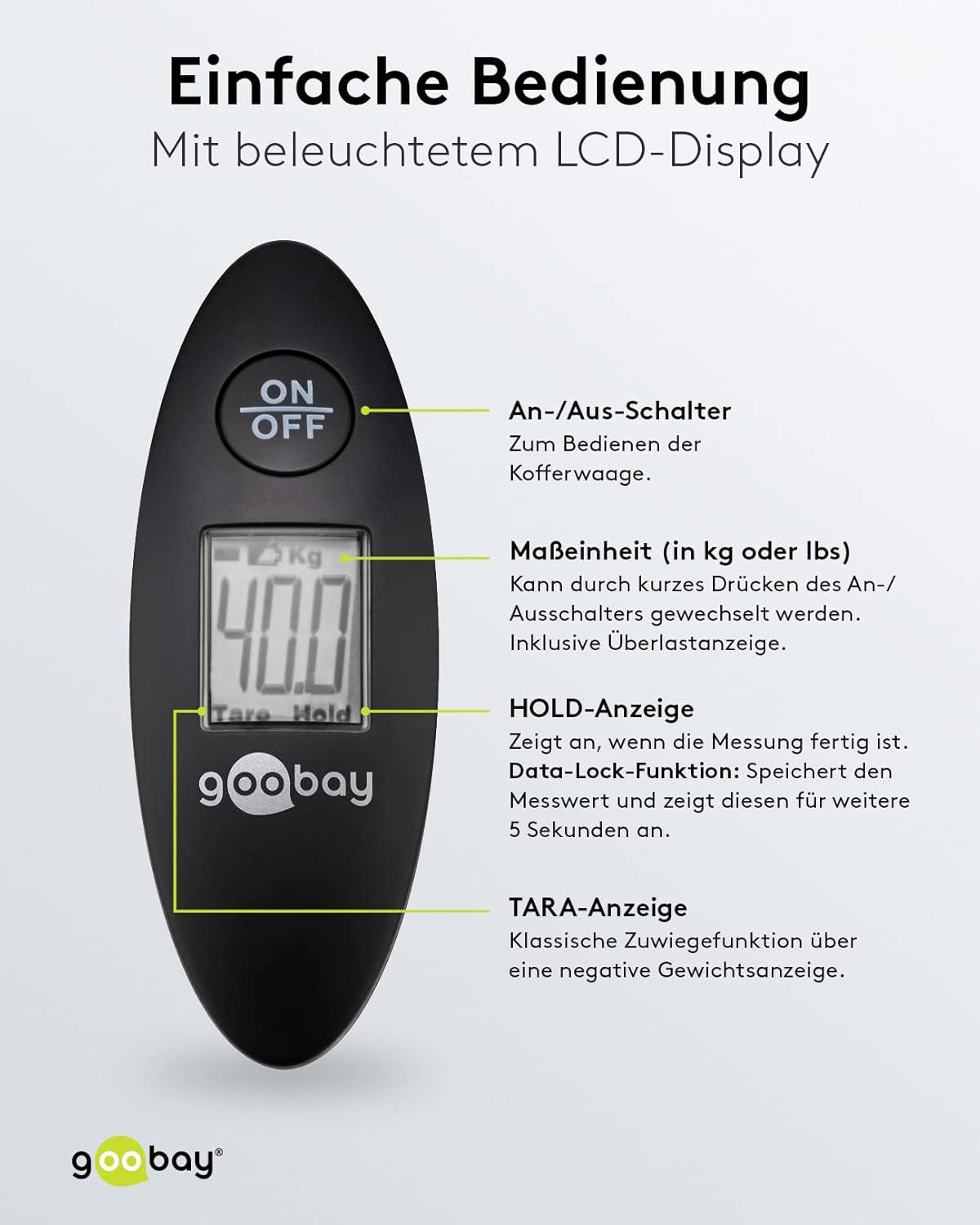Digitale Kofferwaage Gepäckwaage mit heller LCD-Anzeige und Tara-Funktion für Gepäck bis 40kg, bequemer Handgriff liegt perfekt in der Hand, Reisen / Familienleben geeignet, Schwarz