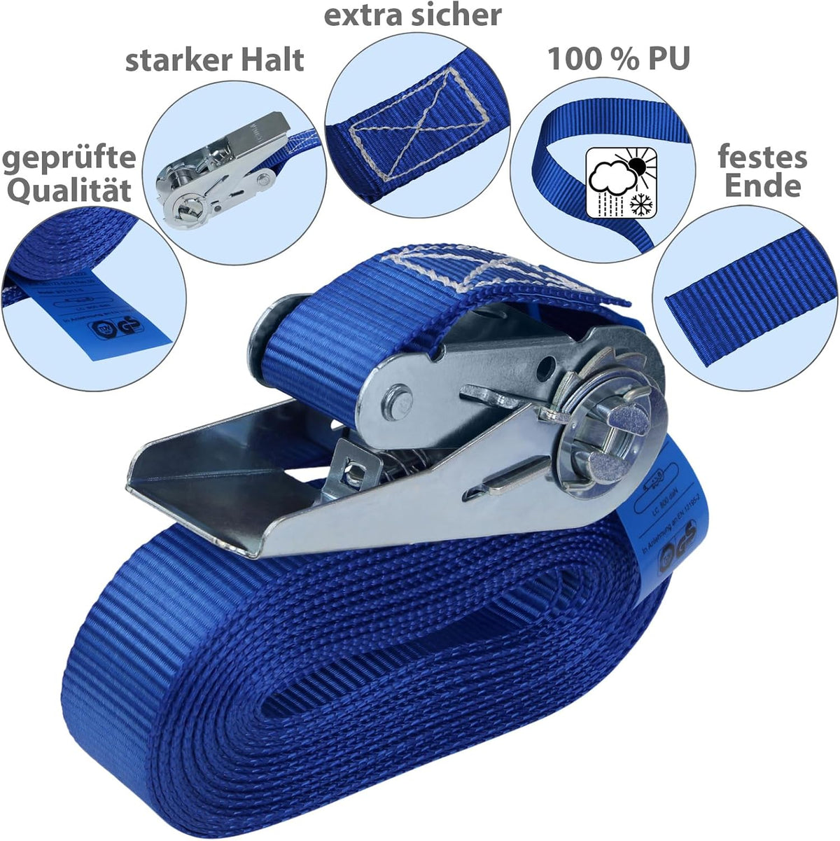 Spanngurt mit Ratsche Zurrgurt 4er Set Ratschengurt DIN EN 12195-2 blau, 25 mm breit - belastbar bis 800 kg, 4er Pack 2.5 cm x 4 m
