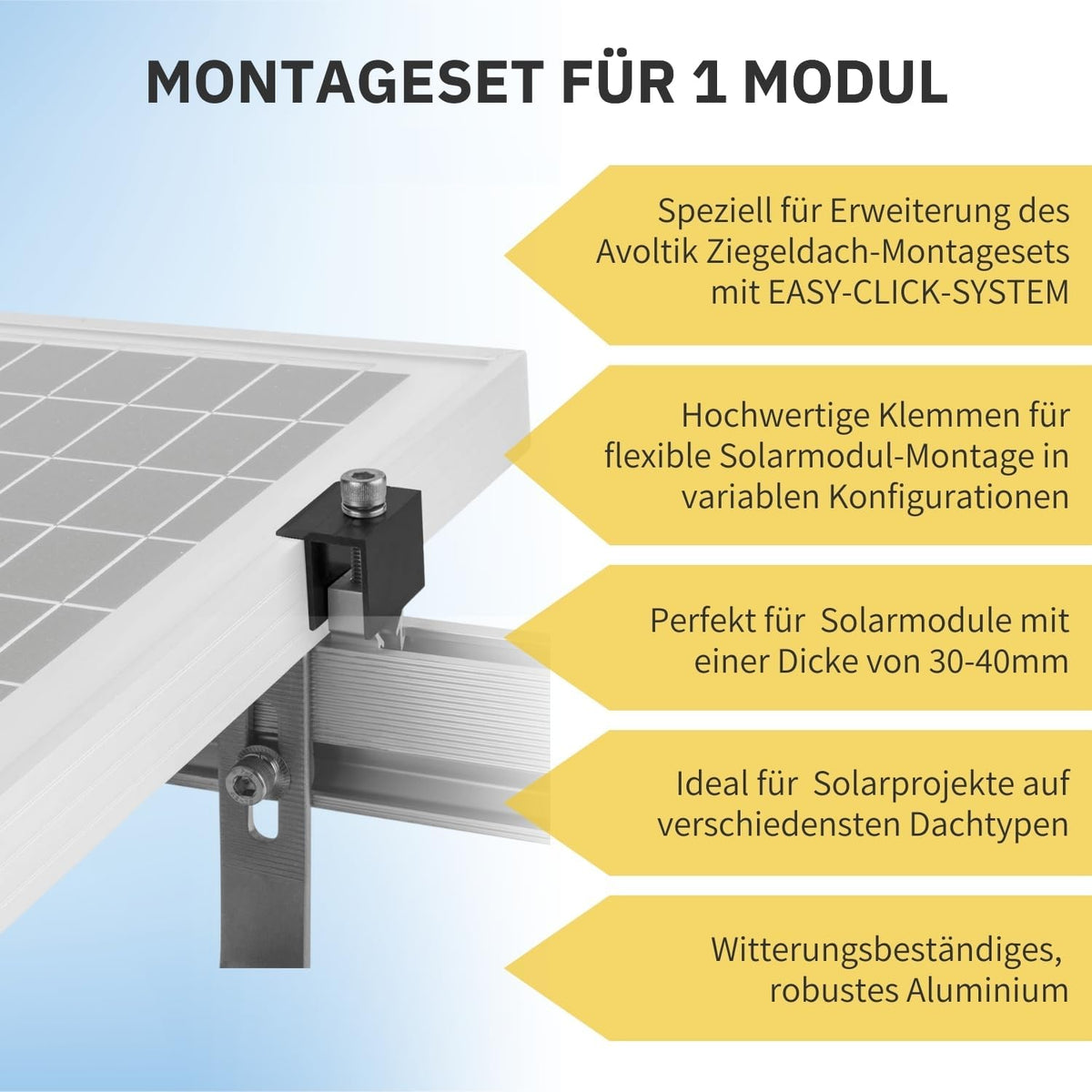 Solar Halterung Ziegeldach I Set für 1 PV Module 30-40mm I silber / schwarz I Solarmodul Halterung Balkonkraftwerk I Solarmodulbefestigungsset für Ziegeldächer aus Edelstahl