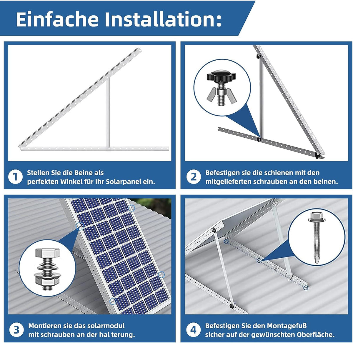 Solarmodul Halterung für 1 Modul - 45 Zoll Photovoltaik Universal Solarmodul Halterungen 114CM Balkonkraftwerk Halterung, Winkel einstellbar 0-90° für Dachhalterungen Solarmodule