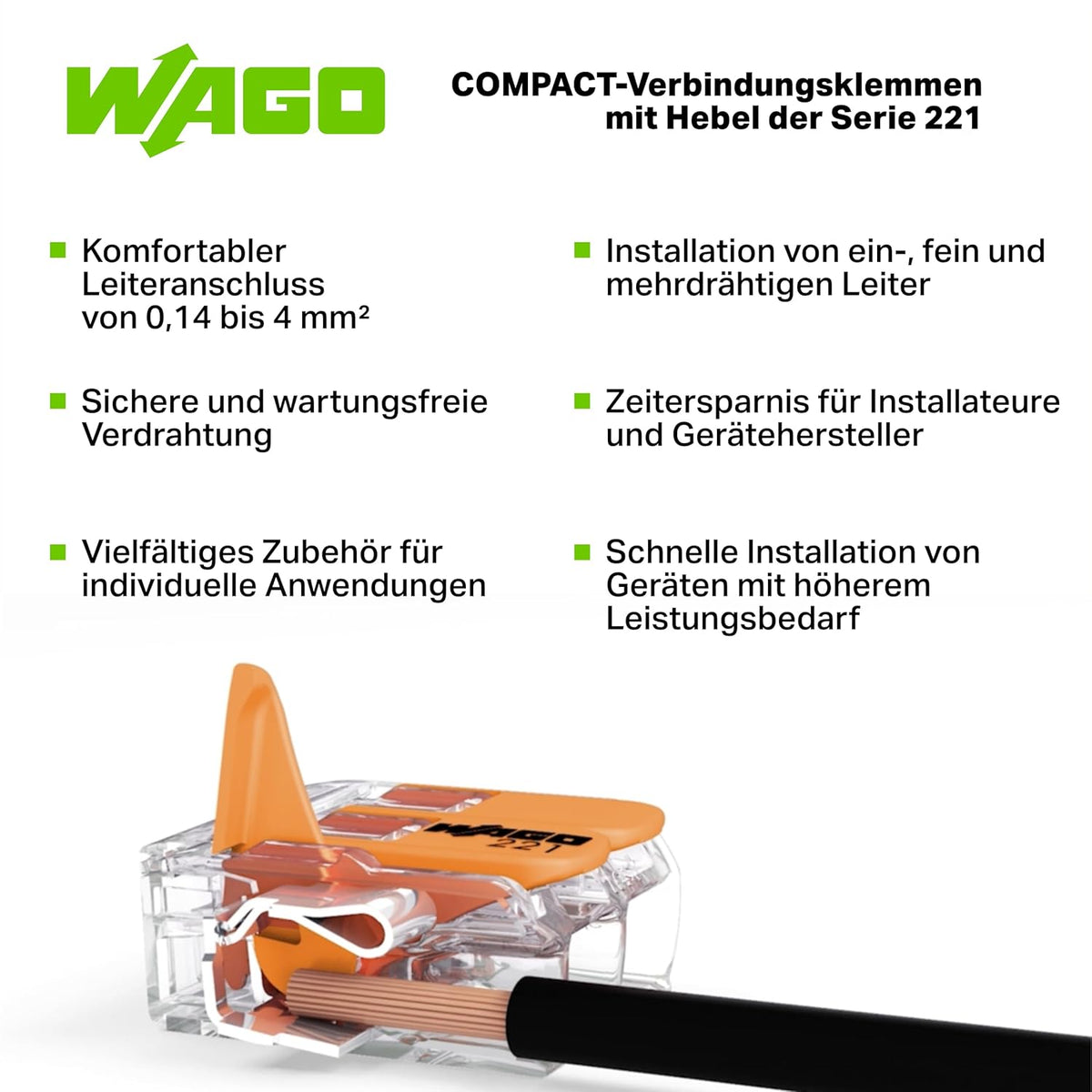 WAGO Verbindungsklemmen 221-413 | 3 Leiter, bis 4 mm², 50 Stück, COMPACT Kabelverbinder mit Hebel für alle Leiterarten weltweit, bestätigte Anwendungssicherheit