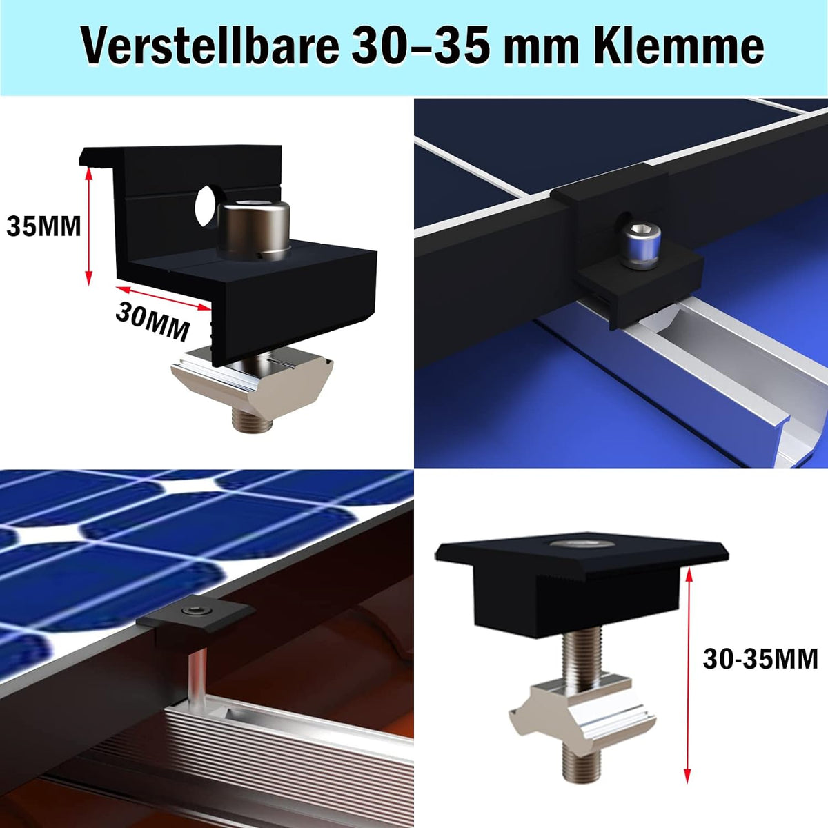 Solarmodul Halterung Flachdach, Alu Photovoltaik Montageschiene 12CM, Verstellbare Schwarz Klemme für 30-35MM Dicke Module, Solarpanel Halterung Montageset 4 Module Geeignet für Flachdach Trapezdach