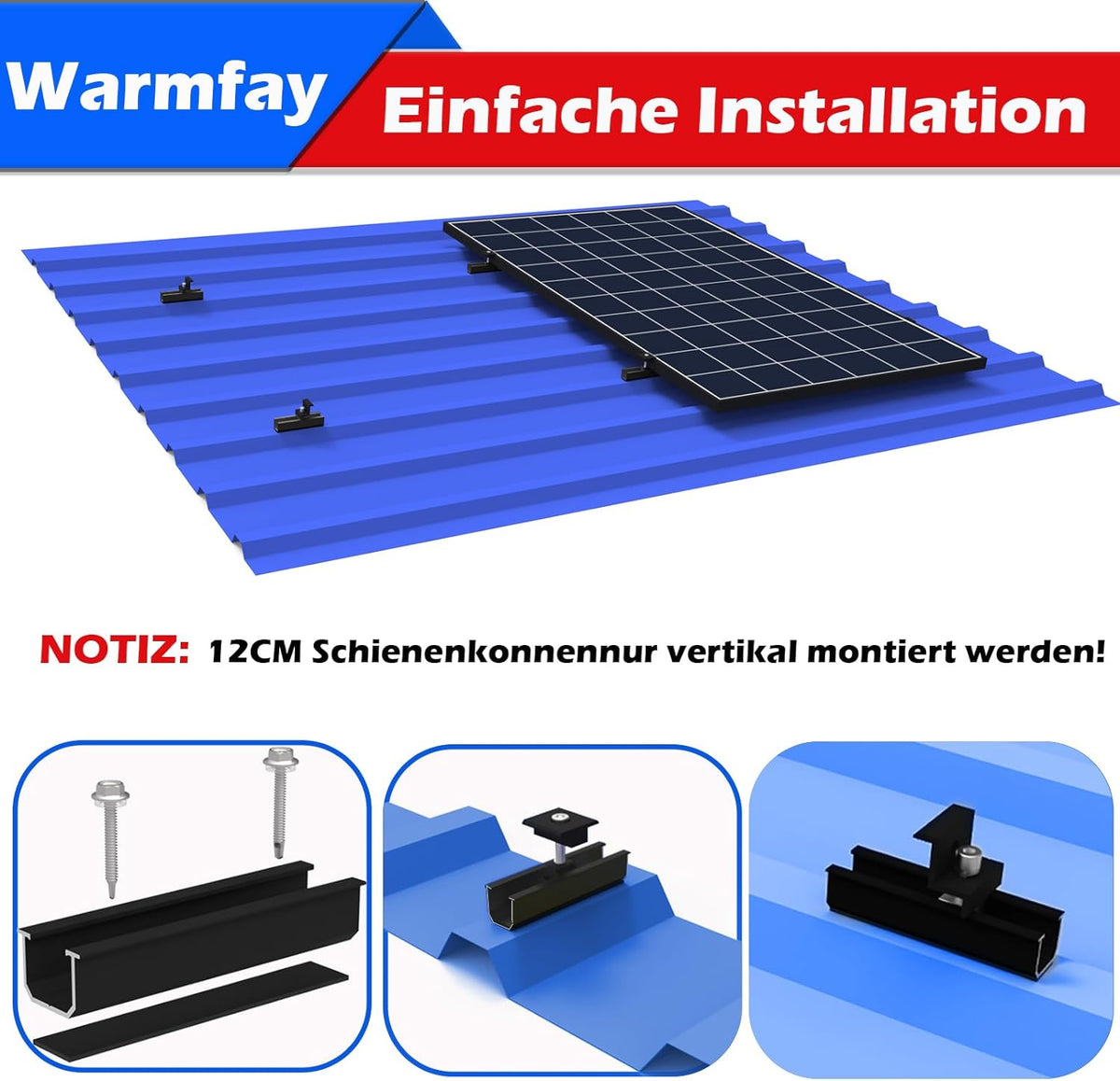 Solarmodul Halterung Montageset, Schwarzes 12CM Aluprofil und Verstellbare Klammern Befestigung für Solarmodul, Solarpanel Halterung 1 Modul 30-35MM für Flachdach Trapezblech Blechdach
