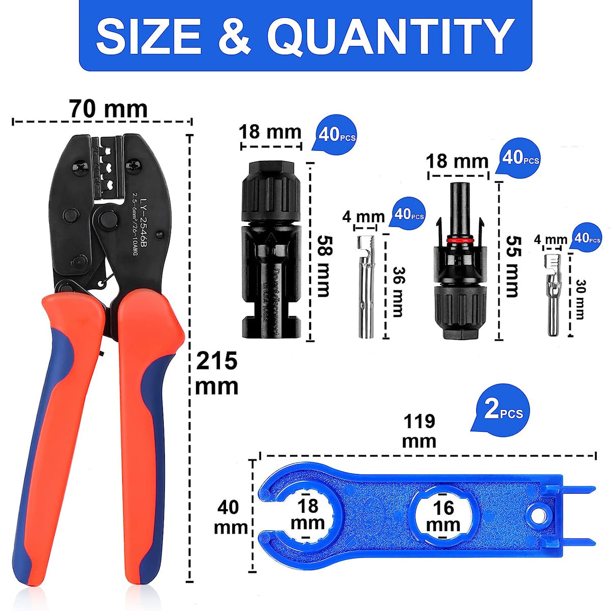 40 Paar Solarstecker Crimpzange Set für 2,5/4/6mm² Solarpanel P-V Kabel Männlich/Weiblich Photovoltaik Solarpanel Stecker Steckverbinder, PV Stecker mit Schraubenschlüssel