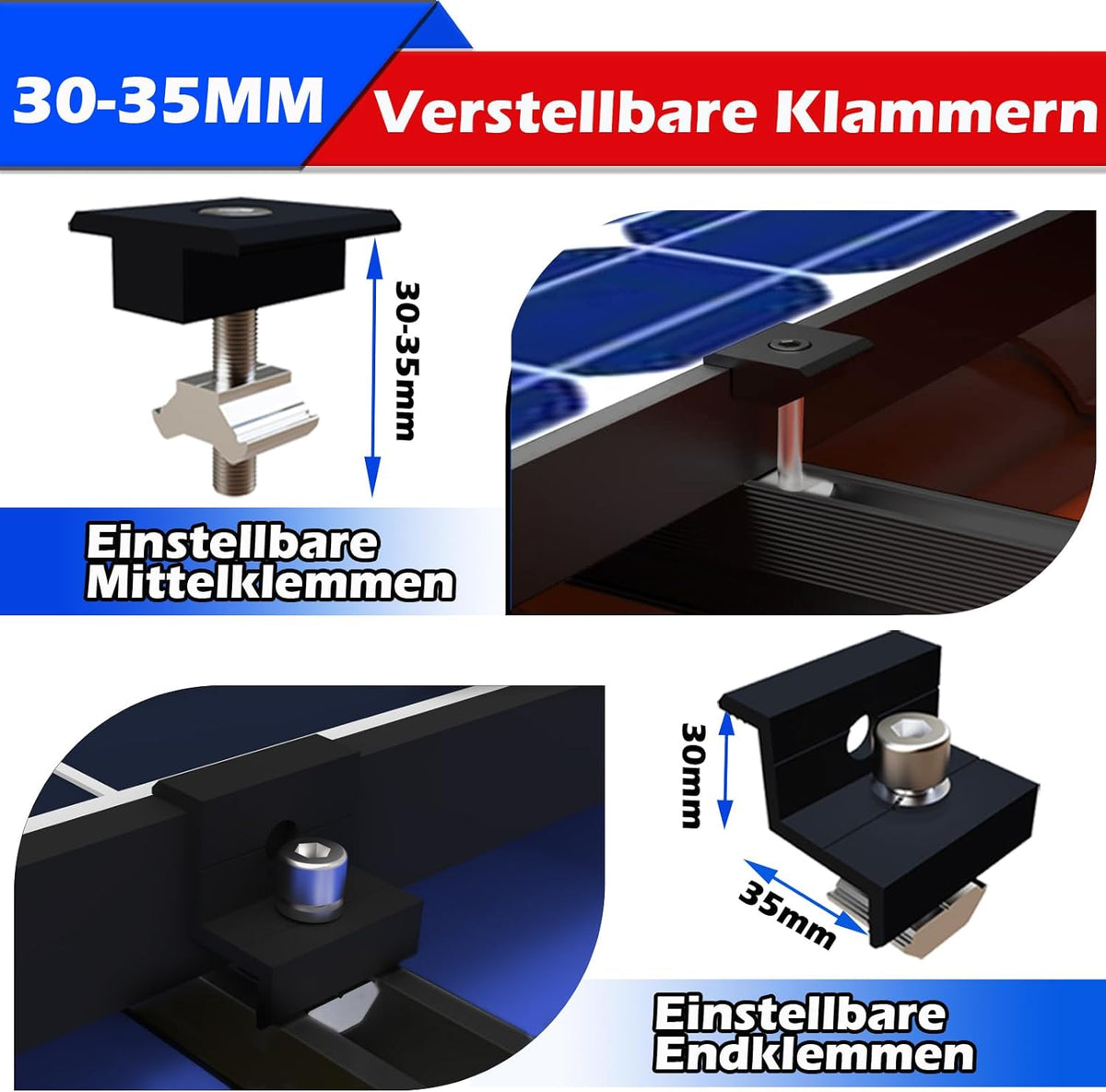 Solarmodul Halterung Montageset, Schwarzes 12CM Aluprofil und Verstellbare Klammern Befestigung für Solarmodul, Solarpanel Halterung 2 Modul 30-35MM für Flachdach Trapezblech Blechdach