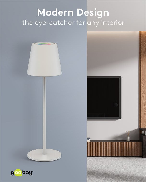 LED Tischleuchte kabellos / stufenlos dimmbar mit Touch Steuerung / LED Akku Tischlampe für Innen und Außen / 150lm und RGB-Lichtfarben - 3000K warmweiß, USB-C, Weiß