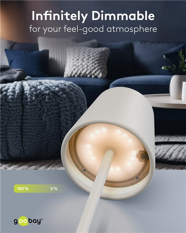 LED Tischleuchte kabellos / stufenlos dimmbar mit Touch Steuerung / LED Akku Tischlampe für Innen und Außen / 150lm und RGB-Lichtfarben - 3000K warmweiß, USB-C, Weiß
