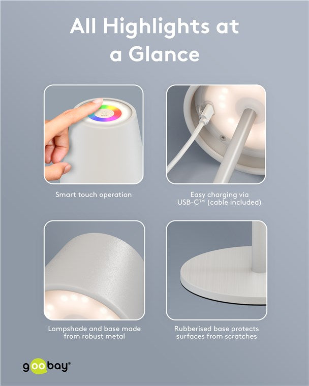 LED Tischleuchte kabellos / stufenlos dimmbar mit Touch Steuerung / LED Akku Tischlampe für Innen und Außen / 150lm und RGB-Lichtfarben - 3000K warmweiß, USB-C, Weiß