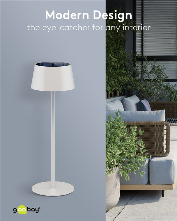 LED Tischleuchte Solar/stufenlos dimmbar mit Touch Steuerung/Kabellose LED Akku Tischlampe für Innen und Außen IP44 / 150lm und 3000K warmweiß, USB-C, Weiß