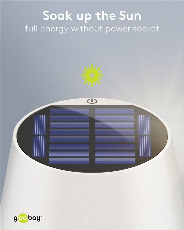 LED Tischleuchte Solar/stufenlos dimmbar mit Touch Steuerung/Kabellose LED Akku Tischlampe für Innen und Außen IP44 / 150lm und 3000K warmweiß, USB-C, Weiß