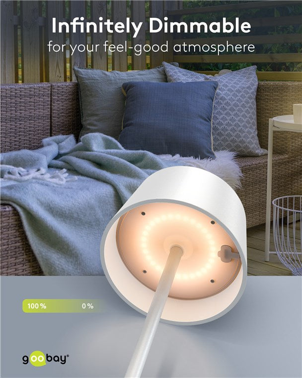 LED Tischleuchte Solar/stufenlos dimmbar mit Touch Steuerung/Kabellose LED Akku Tischlampe für Innen und Außen IP44 / 150lm und 3000K warmweiß, USB-C, Weiß