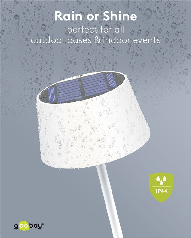 LED Tischleuchte Solar/stufenlos dimmbar mit Touch Steuerung/Kabellose LED Akku Tischlampe für Innen und Außen IP44 / 150lm und 3000K warmweiß, USB-C, Weiß