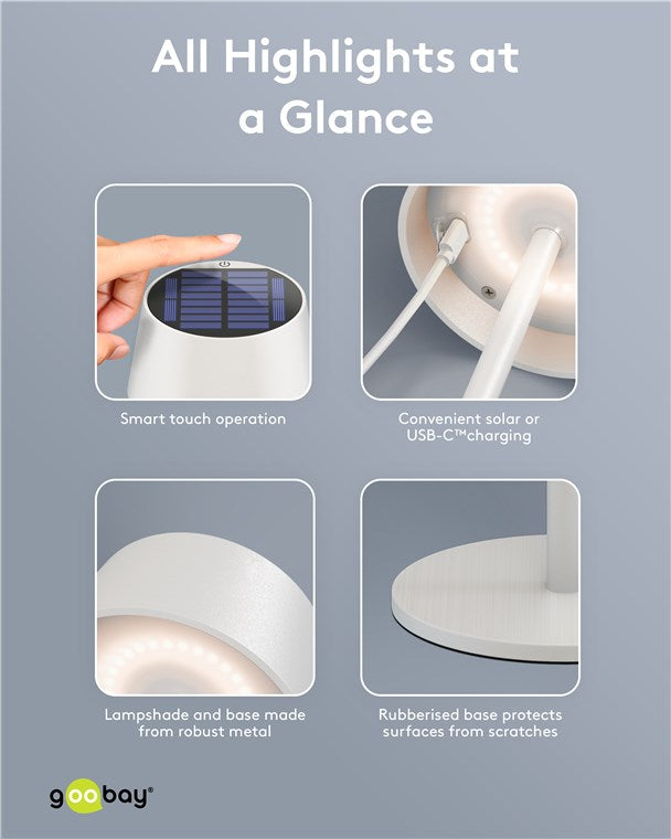 LED Tischleuchte Solar/stufenlos dimmbar mit Touch Steuerung/Kabellose LED Akku Tischlampe für Innen und Außen IP44 / 150lm und 3000K warmweiß, USB-C, Weiß