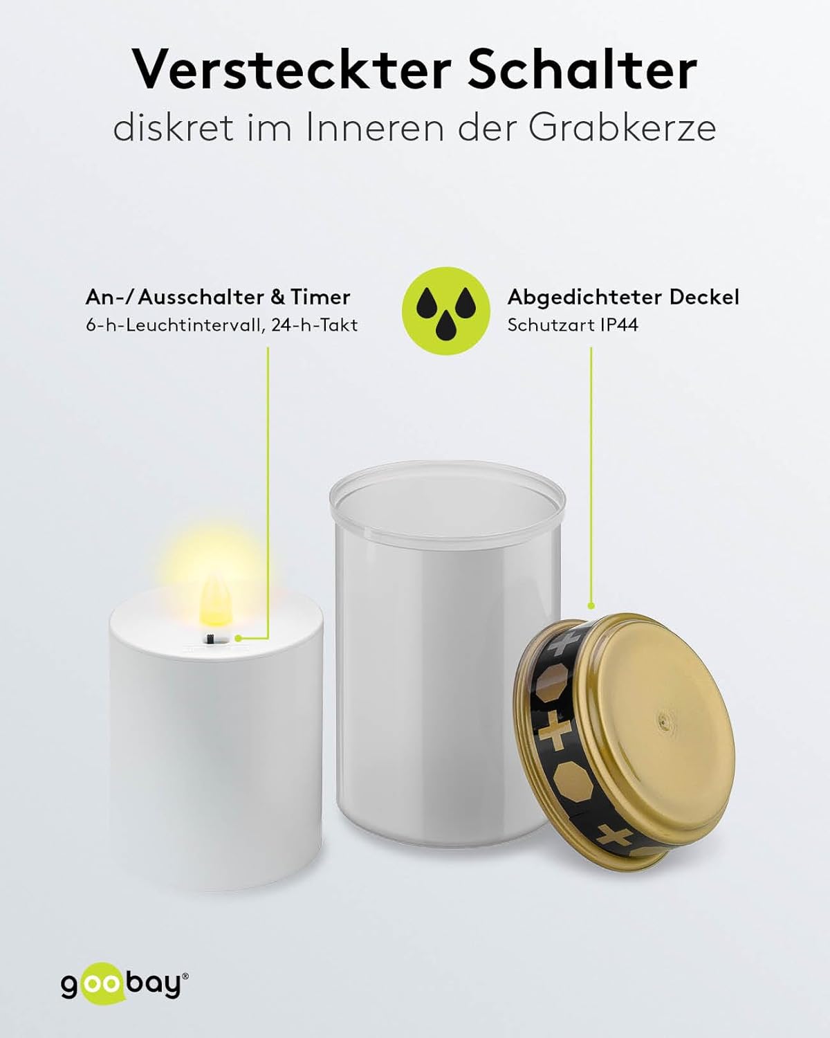 LED Grablicht mit Timer / Batteriebetrieben / LED Grabkerzen Outdoor / Friedhof Kerzen / Grablichter / Ewiges Licht / Grablampe / Weiß / Batterie 2x C/LR14