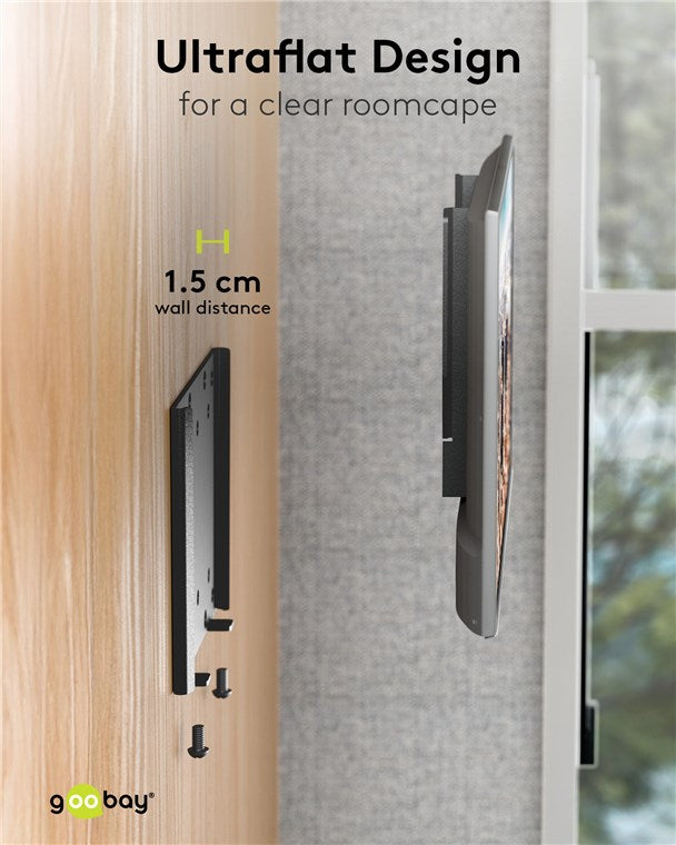 goobay Flache Universal TV Wandhalterung / Halterung für Monitor / max. 30kg / 18mm Wandabstand / 13-27 Zoll Monitore/bis VESA 100x100mm geeignet / für Wohnmobile, Wandhalterung Fernseher