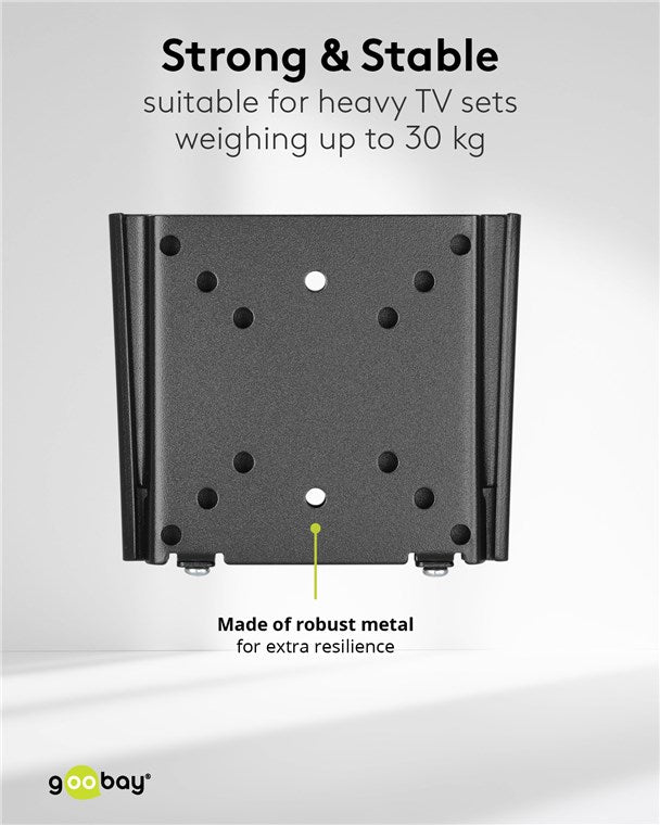 goobay Flache Universal TV Wandhalterung / Halterung für Monitor / max. 30kg / 18mm Wandabstand / 13-27 Zoll Monitore/bis VESA 100x100mm geeignet / für Wohnmobile, Wandhalterung Fernseher
