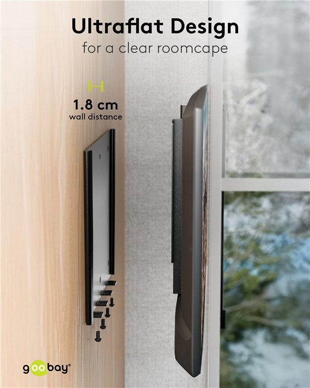 goobay Flache Universal TV Wandhalterung / Halterung für Monitor / max. 30kg / 18mm Wandabstand / 23-42 Zoll Monitore / bis VESA 200x200mm geeignet / für Wohnmobile, Wandhalterung Fernseher