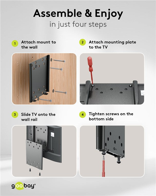 goobay Flache Universal TV Wandhalterung / Halterung für Monitor / max. 30kg / 18mm Wandabstand / 23-42 Zoll Monitore / bis VESA 200x200mm geeignet / für Wohnmobile, Wandhalterung Fernseher