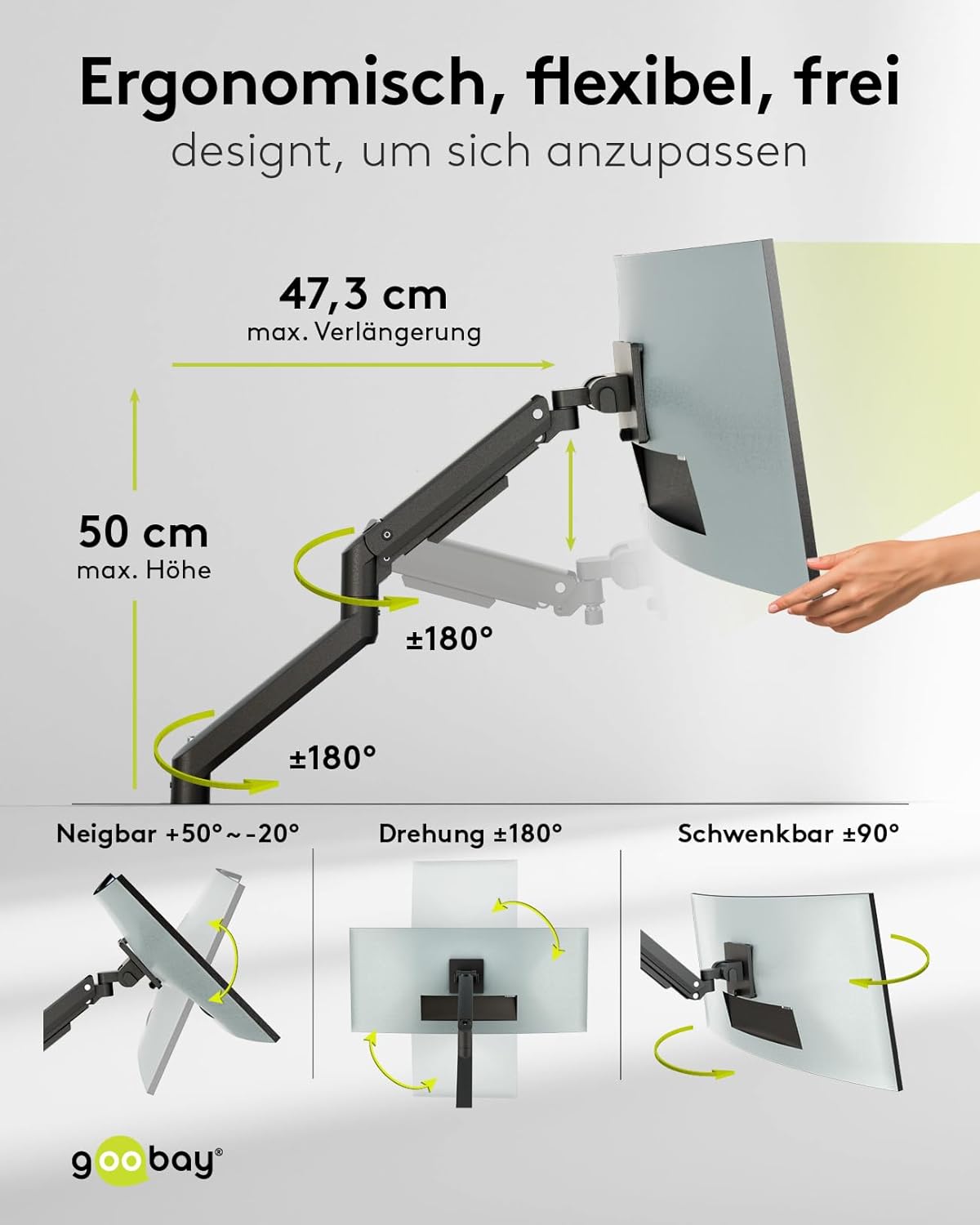 goobay Monitorhalterung mit Gasdruckfeder, für XL-Bildschirme von 17 bis 49 Zoll (43-124 cm), max. 20 kg, Gaming- und Curved Monitore, VESA 75/100mm, schwarz