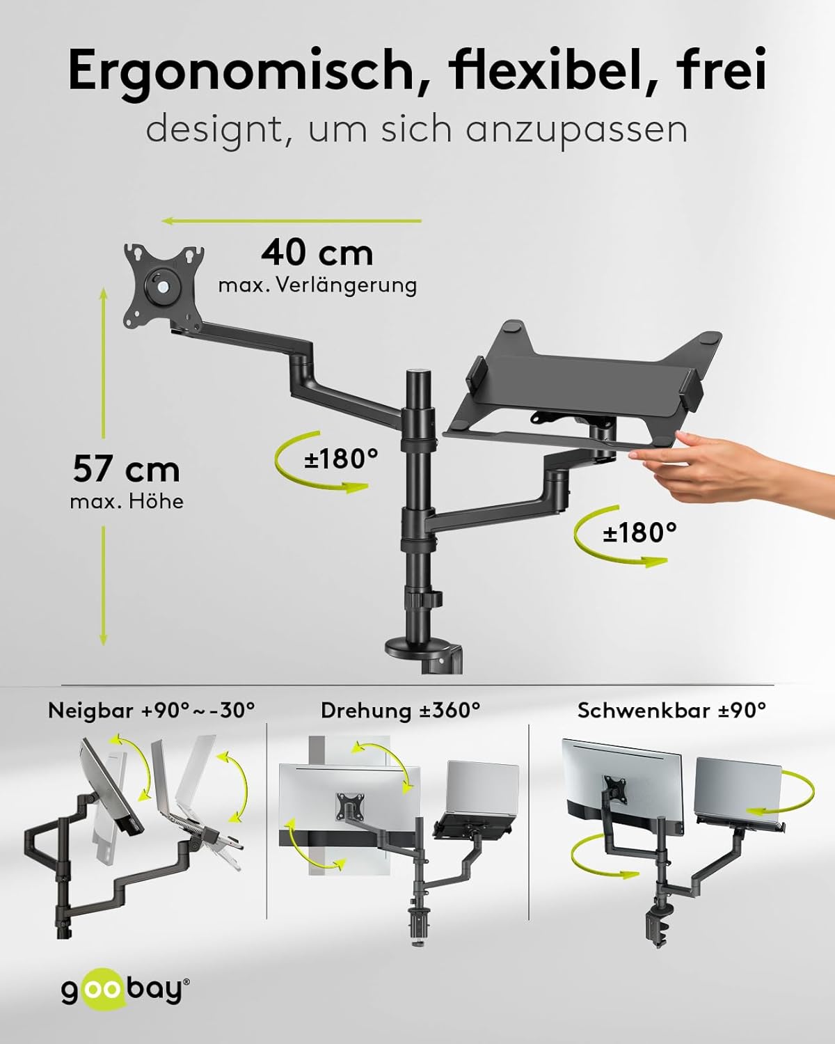 goobay Deluxe Monitorhalterung mit Ablage für einen mobilen Laptop, Arbeitsstation für Monitore von 17 bis 32 Zoll (43-81 cm) Plus einen Laptop, max. 8 kg, VESA 75/100mm, schwarz