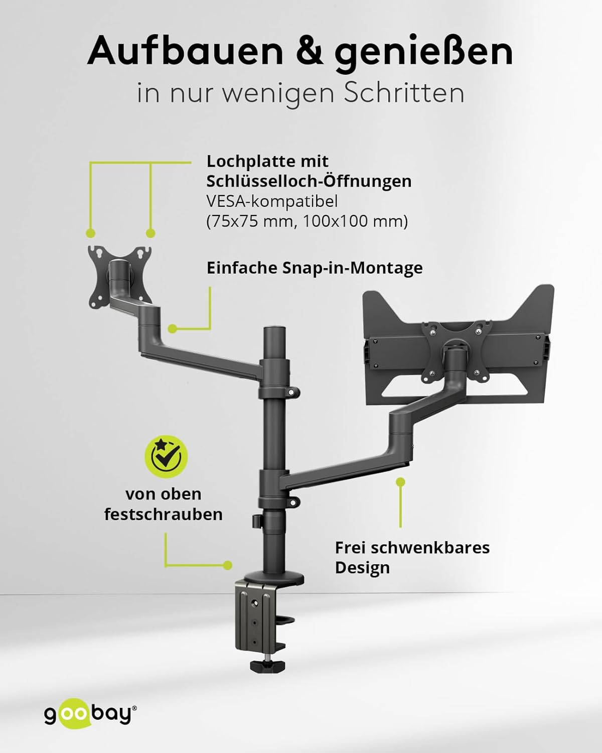goobay Deluxe Monitorhalterung mit Ablage für einen mobilen Laptop, Arbeitsstation für Monitore von 17 bis 32 Zoll (43-81 cm) Plus einen Laptop, max. 8 kg, VESA 75/100mm, schwarz