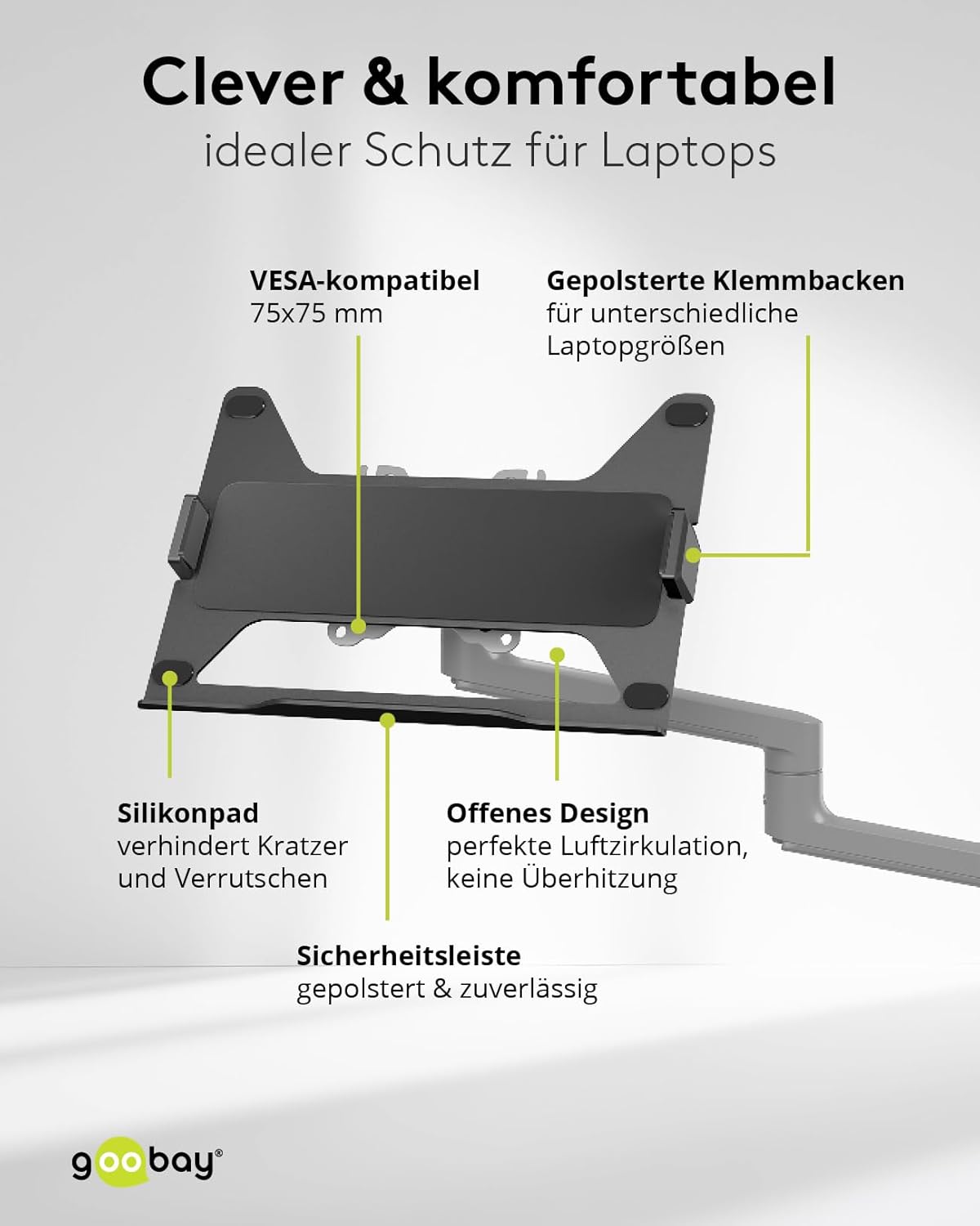 goobay Deluxe Monitorhalterung mit Ablage für einen mobilen Laptop, Arbeitsstation für Monitore von 17 bis 32 Zoll (43-81 cm) Plus einen Laptop, max. 8 kg, VESA 75/100mm, schwarz