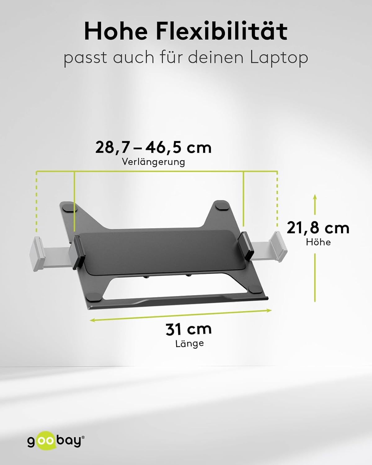 goobay Deluxe Monitorhalterung mit Ablage für einen mobilen Laptop, Arbeitsstation für Monitore von 17 bis 32 Zoll (43-81 cm) Plus einen Laptop, max. 8 kg, VESA 75/100mm, schwarz