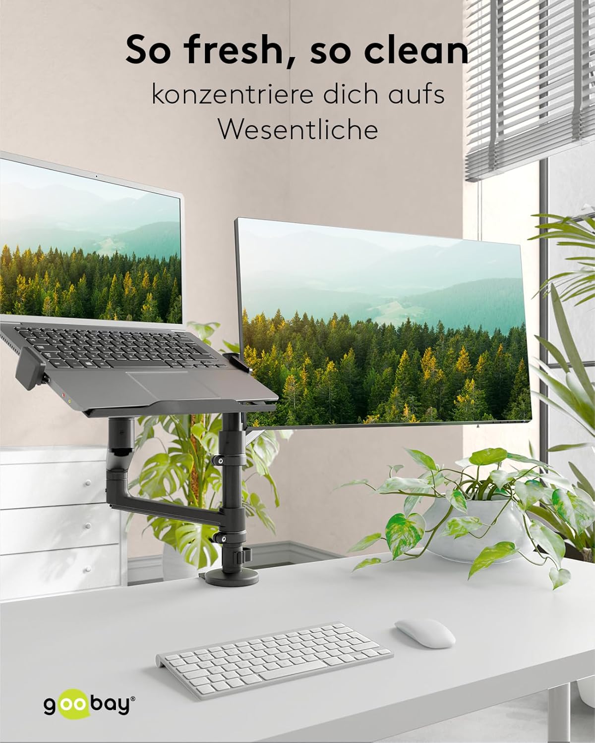 goobay Deluxe Monitorhalterung mit Ablage für einen mobilen Laptop, Arbeitsstation für Monitore von 17 bis 32 Zoll (43-81 cm) Plus einen Laptop, max. 8 kg, VESA 75/100mm, schwarz