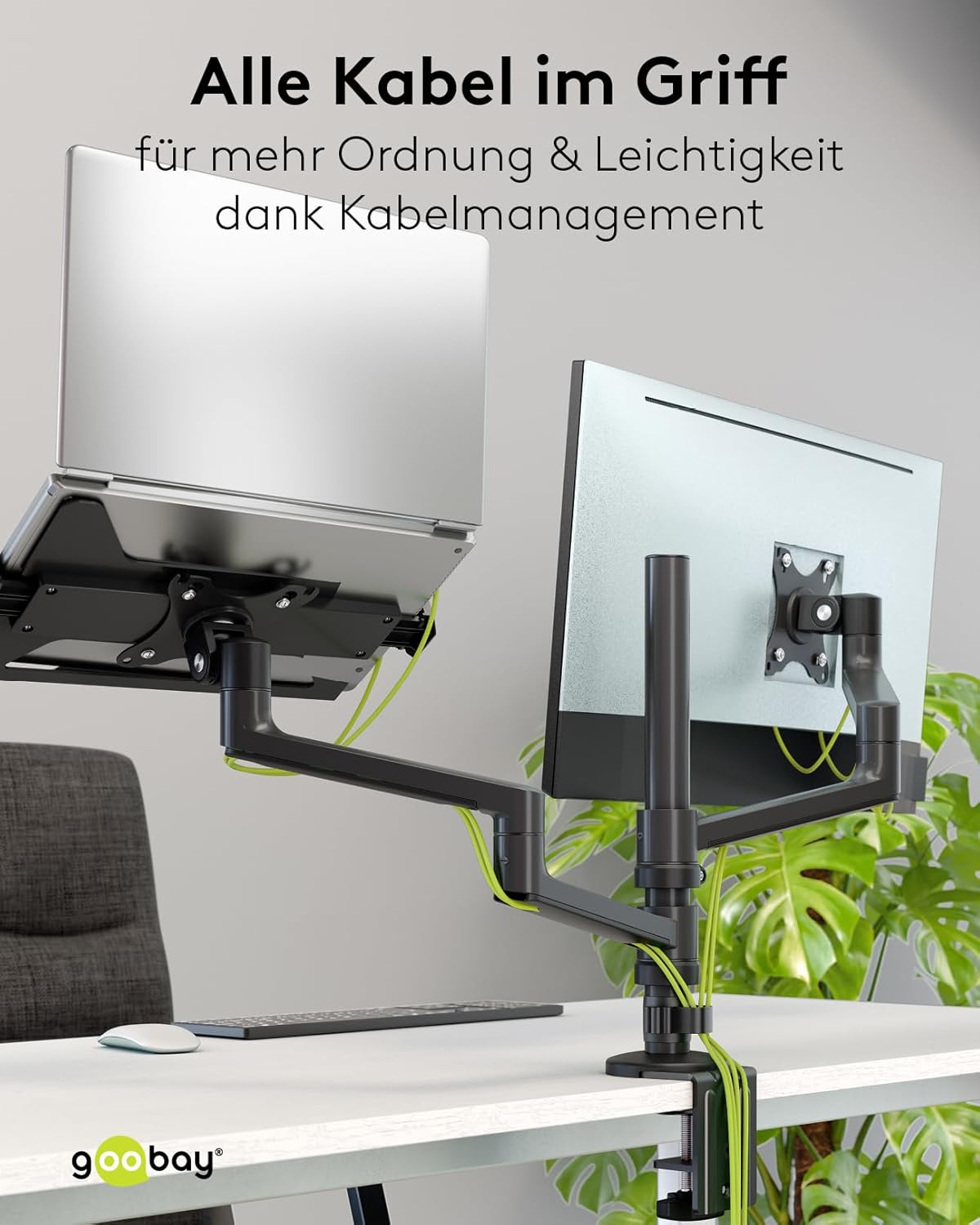 goobay Deluxe Monitorhalterung mit Ablage für einen mobilen Laptop, Arbeitsstation für Monitore von 17 bis 32 Zoll (43-81 cm) Plus einen Laptop, max. 8 kg, VESA 75/100mm, schwarz