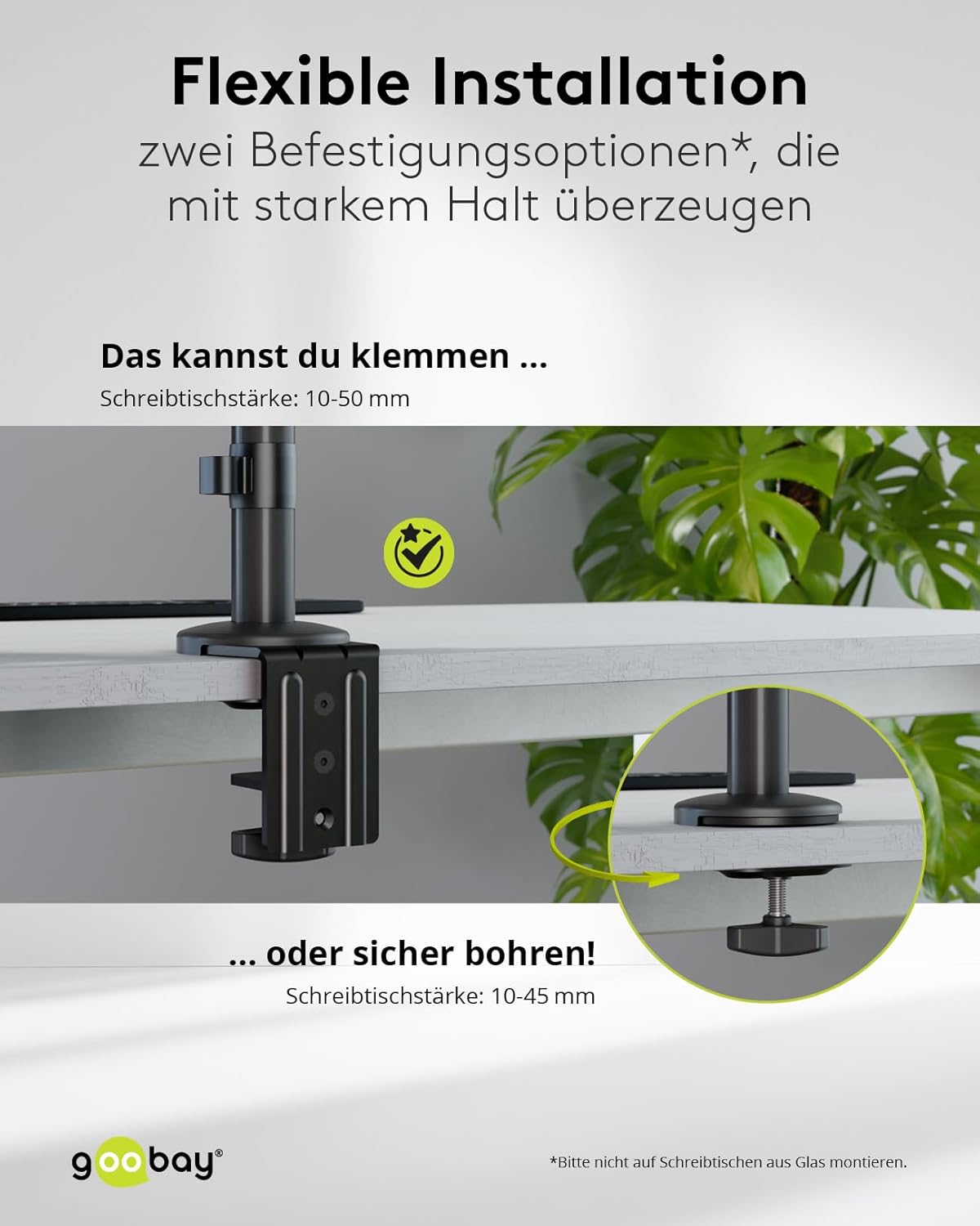 goobay Deluxe Monitorhalterung mit Ablage für einen mobilen Laptop, Arbeitsstation für Monitore von 17 bis 32 Zoll (43-81 cm) Plus einen Laptop, max. 8 kg, VESA 75/100mm, schwarz