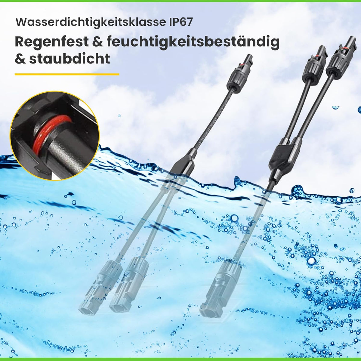 2-Wege Y-Verbinder-Set für Solarmodule mit 34 cm 6mm² Kabelverlängerung, Snap-In Verriegelung, Easy-Click System, IP67 Schutzklasse, bis zu 1000V DC, für Outdoor-Solaranlagen (1 Paar)