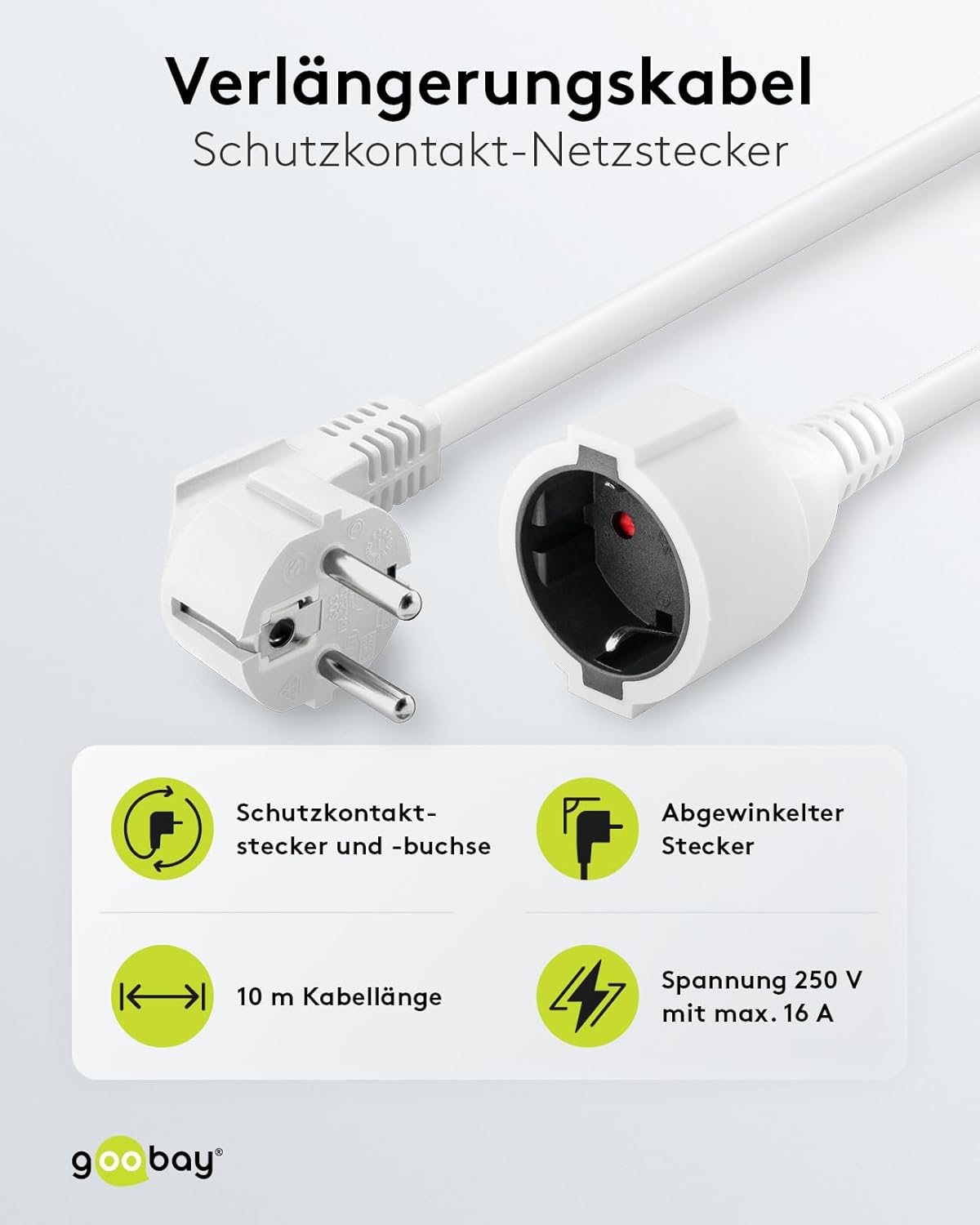 Goobay Gewinkeltes Strom Verlängerungskabel / Schutzkontakt Stecker 250V Schutzkontakt 3 Meter Stromkabel Verlängerung für Innenbereich / Weiß / 3m