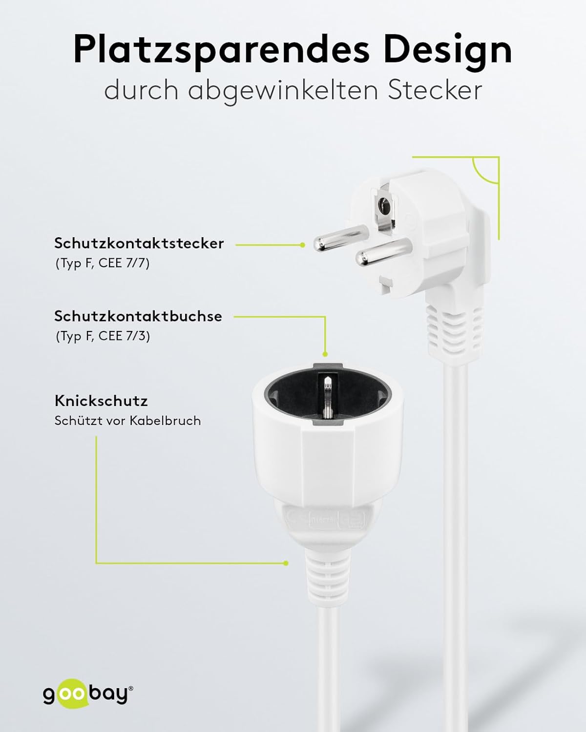 Goobay Gewinkeltes Strom Verlängerungskabel / Schutzkontakt Stecker 250V Schutzkontakt 10 Meter Stromkabel Verlängerung für Innenbereich / Weiß / 10m