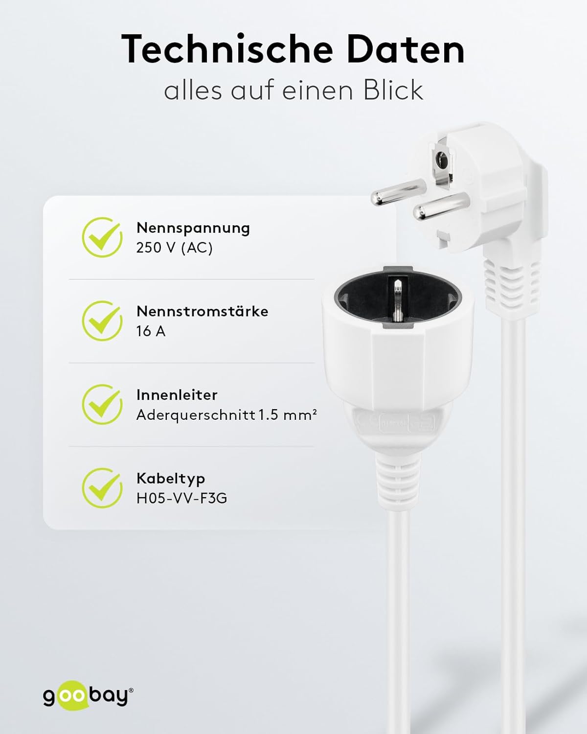 Goobay Gewinkeltes Strom Verlängerungskabel / Schutzkontakt Stecker 250V Schutzkontakt 3 Meter Stromkabel Verlängerung für Innenbereich / Weiß / 3m