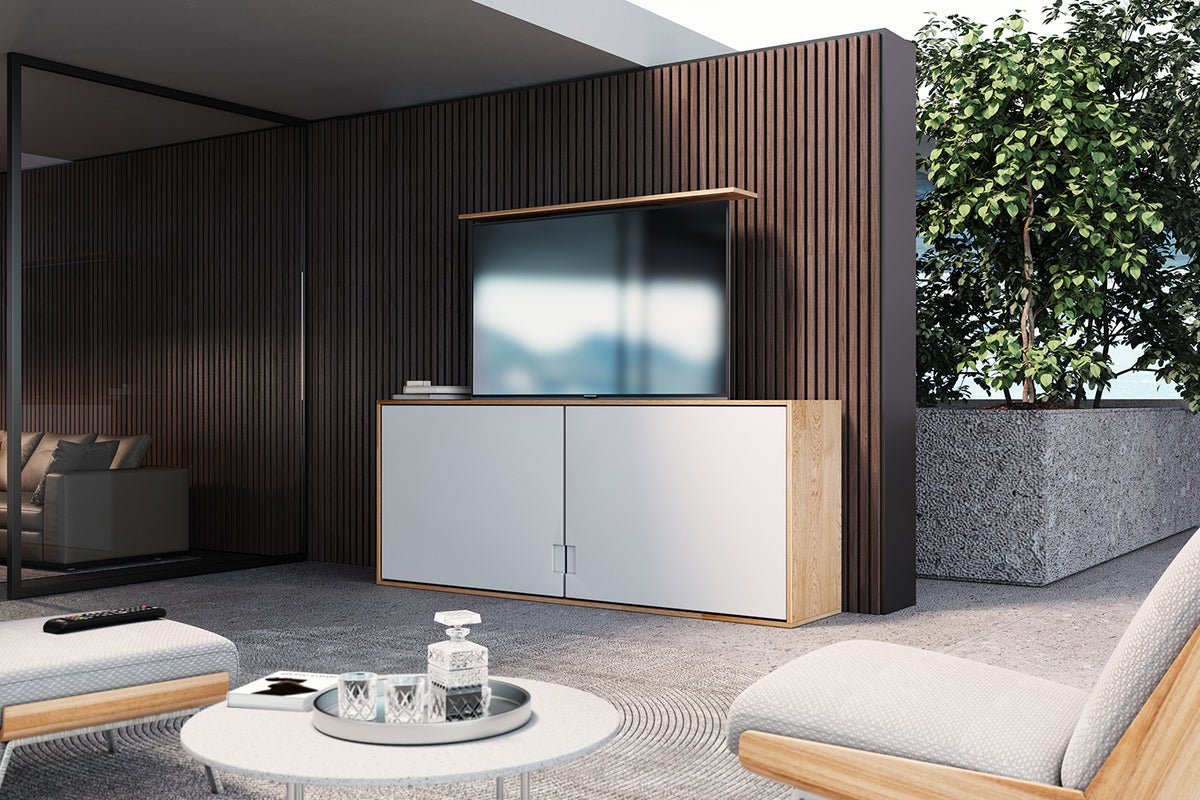 MyWall HP63-1 elektrischer TV Lift zum Einbau in Möbel für 37-65" Bildschirme (mit Fernbedienung, für 94-165cm TVs, max. 60kg Belastbarkeit)