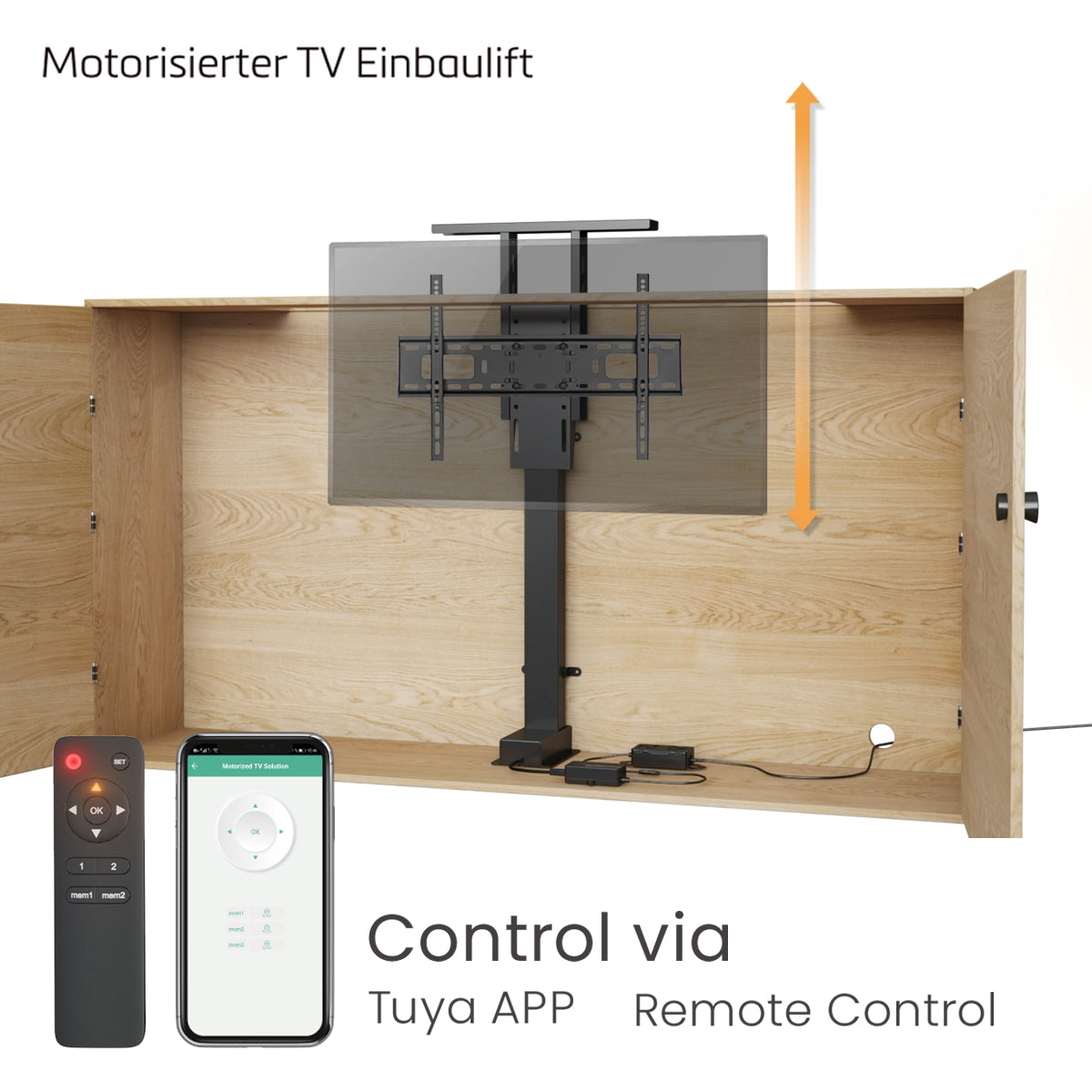 MyWall HP63-1 elektrischer TV Lift zum Einbau in Möbel für 37-65" Bildschirme (mit Fernbedienung, für 94-165cm TVs, max. 60kg Belastbarkeit)