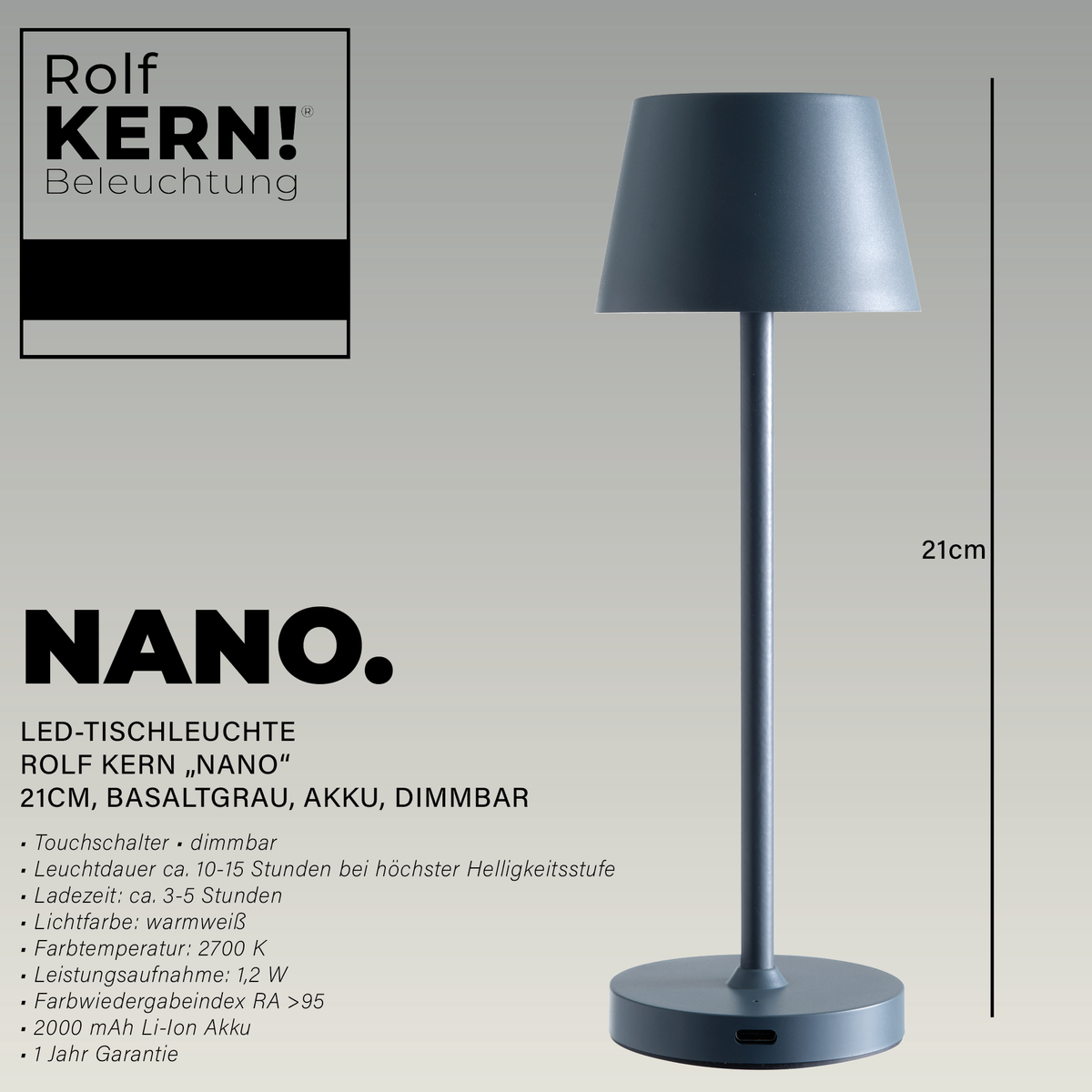 ROLF KERN LED-Tischleuchte Club Nano | 21 cm | Akku-Tischlampe dimmbar, Touch-Dimmer, warmweiß 2700K, IP54, 100lm, 1,2W, kabellose Tischlampe modern, außen, innen Basaltgrau [Energieklasse G]