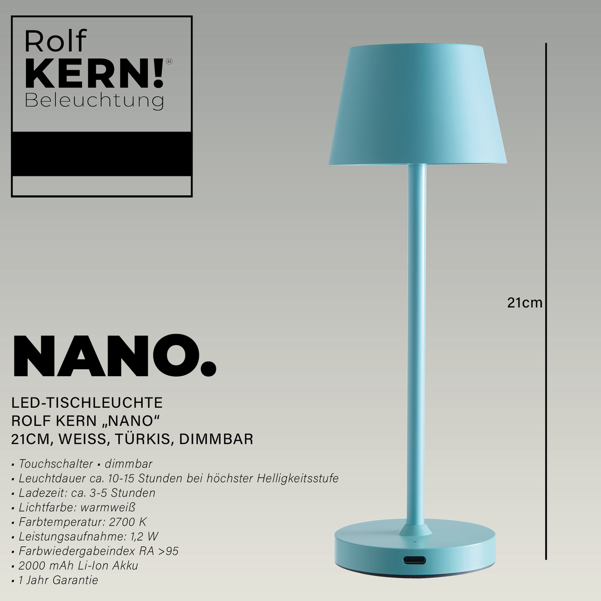 ROLF KERN LED-Tischleuchte Club Nano | 21 cm | Akku-Tischlampe dimmbar, Touch-Dimmer, warmweiß 2700K, IP54, 100lm, 1,2W, kabellose Tischlampe modern, außen, innen Türkis [Energieklasse G]