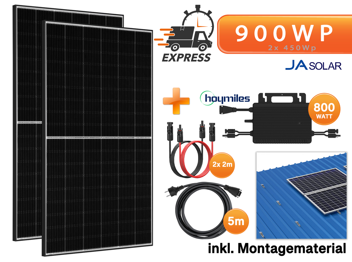 900Wp Balkonkraftwerk - 2x TRINA 445W Black Frame bifazial & Hoymiles HMS-800W-2T Wechselrichter mit Flachdach / Trapezblechmontage