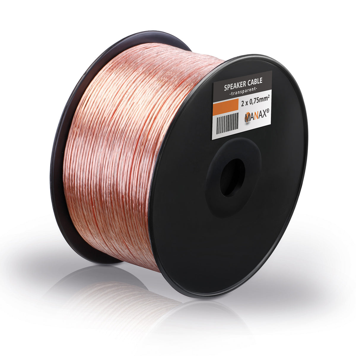 MANAX Lautsprecherkabel Transparent 2x 0,75mm² – 100 Meter Spule | CCA-Kupfer Boxenkabel für klaren Sound bei HiFi, Heimkino und Car-HiFi mit Polaritätskennzeichnung