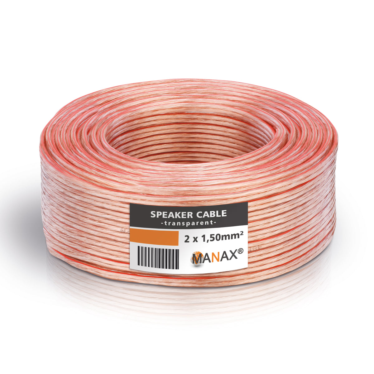 MANAX Lautsprecherkabel Transparent 2x 1,50mm² – 30 Meter Ring | CCA-Kupfer Boxenkabel für klaren Sound bei HiFi, Heimkino und Car-HiFi mit Polaritätskennzeichnung