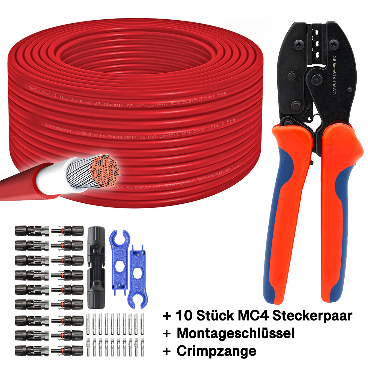 50m Solarkabel 6mm² rot H1Z2Z2-K Solar Kabel Crimpzange 10 Paar MC4 Solarstecker