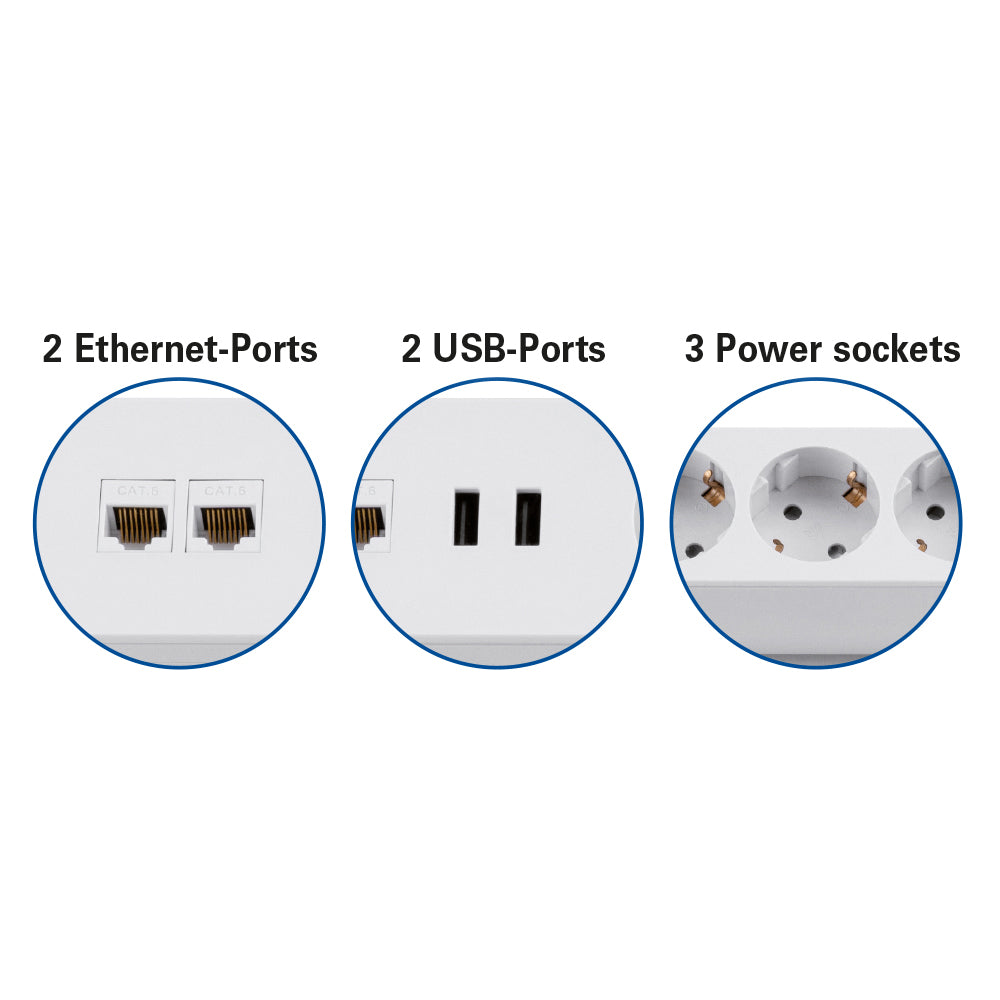 Tischsteckdose NV63L 3-Fach Schutzkontakt mit 2X USB und 2X LAN Anschluss, Mehrfachsteckdose für Zuhause mit Tischbefestigung, Knopf zum EIN- und Ausschalten, Steckdosenleiste mit 1,8m Kabel