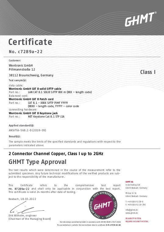 25m GHMT-zertifiziertes CAT 8.1 Verlegekabel, S/FTP (PiMF), gelb AWG22