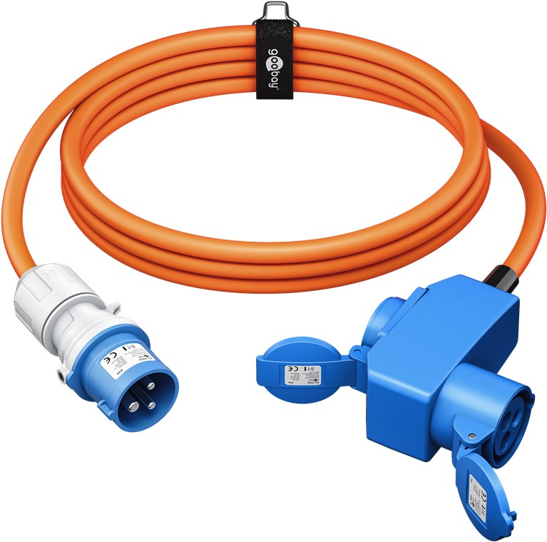 goobay CEE Adapterkabel Wohnmobil 5m CEE-Stecker auf 90° CEE-Kupplung und Schutzkontakt mit Verschlusskappen, Kabel für Camping, Wohnmobil und Wohnwagen